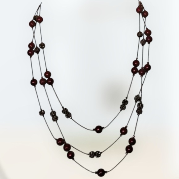 CRMN Roman Necklace Layered 3 Strand Faux Crystal Pearl Gray & Red For Women - Picture 3 of 3